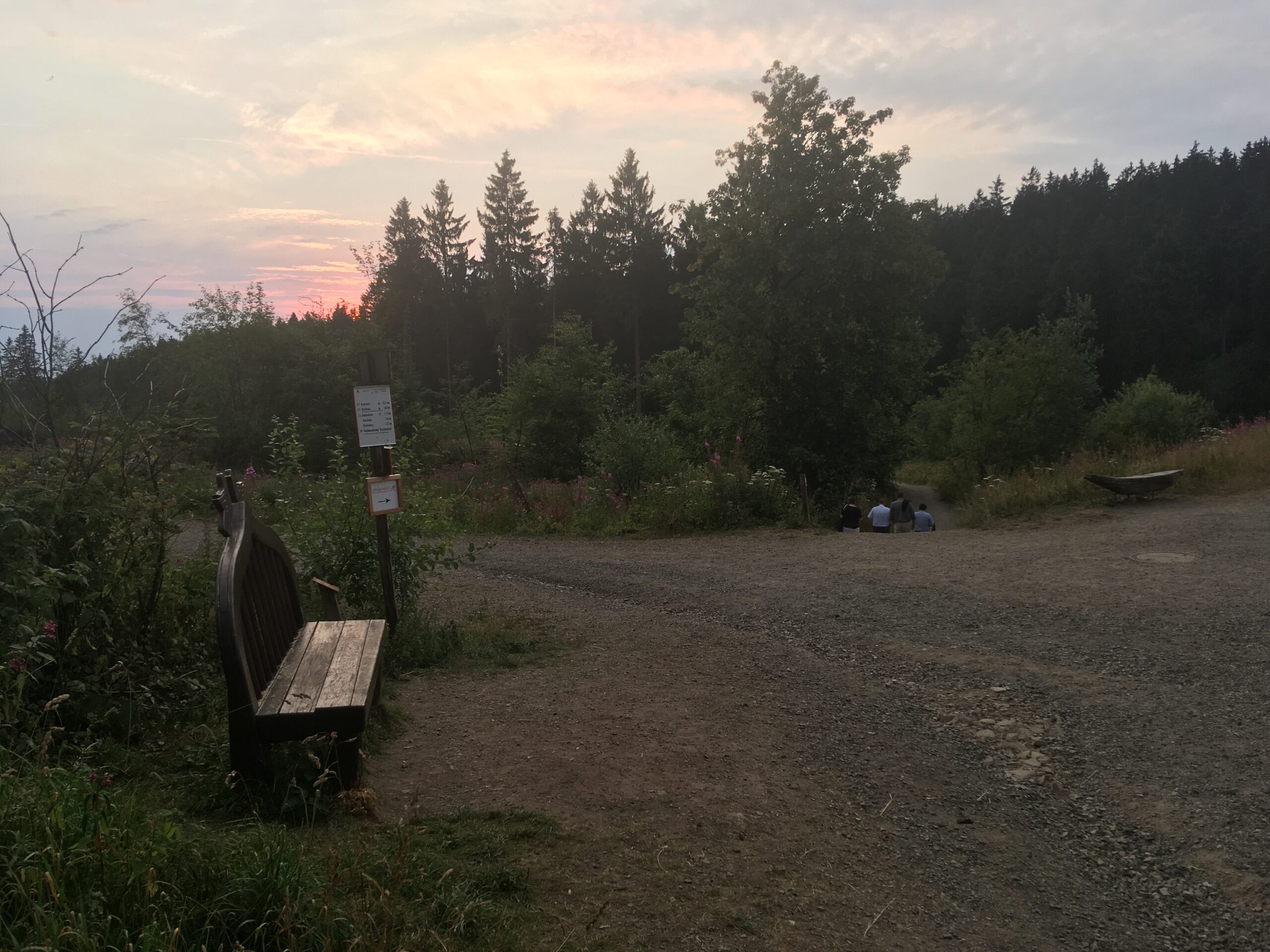 An einer Wegekreuzung steht eine Holzbank. Der Himmel erscheint im Abendlicht der untergehenden Sonne