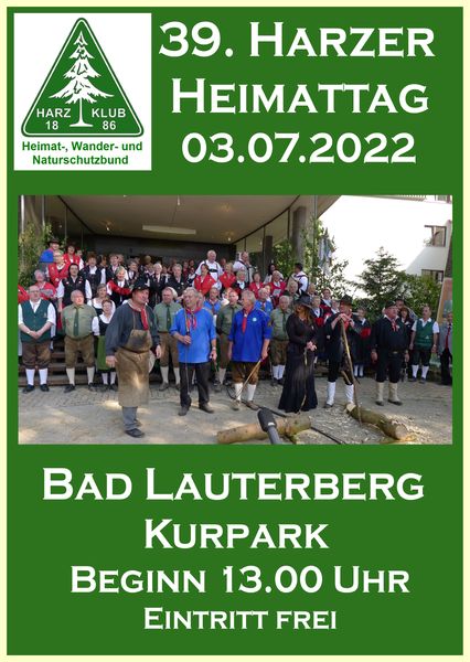 Ein Plakat zeigt 1 Brauchtumsgruppe in Harzer Trachten. SängerInnen, Fuhrleute mit Peitschen, Kiepenfrauen und Köhler