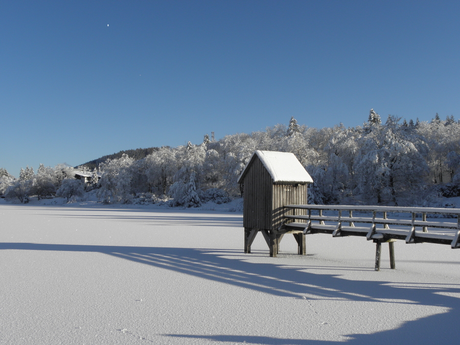 bei herrlichem Winterwetter : 1 zugefrorener teich mit einem Striegelhaus. Der Schnee glitzert im Sonnenschei bei strahlend blauem Himmel