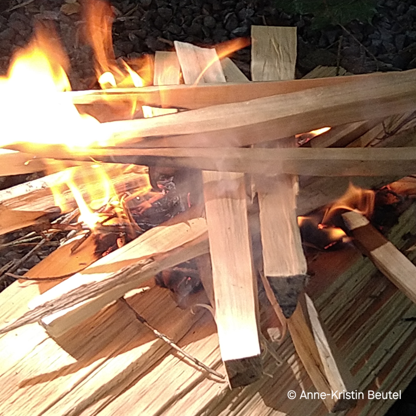 helles Anmachholz und Holzscheite beginnen zu brennen. Wir sehen erste Flammen und Rauch.