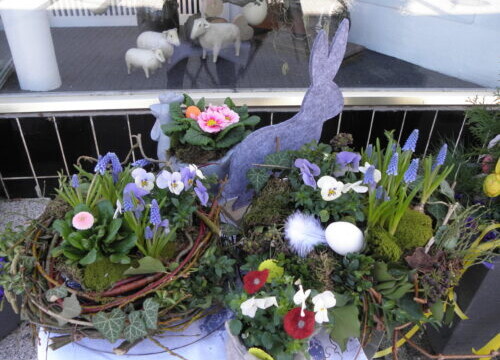 Ostergestecke Blumengestecke in Körben sind mit Zweigen , primeln und Gänseblümchen dekoriert. In der Mitte sitz ein Osterhase aus Filz.
