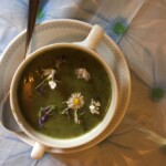 Kräutersuppe, mit Blüten garniert